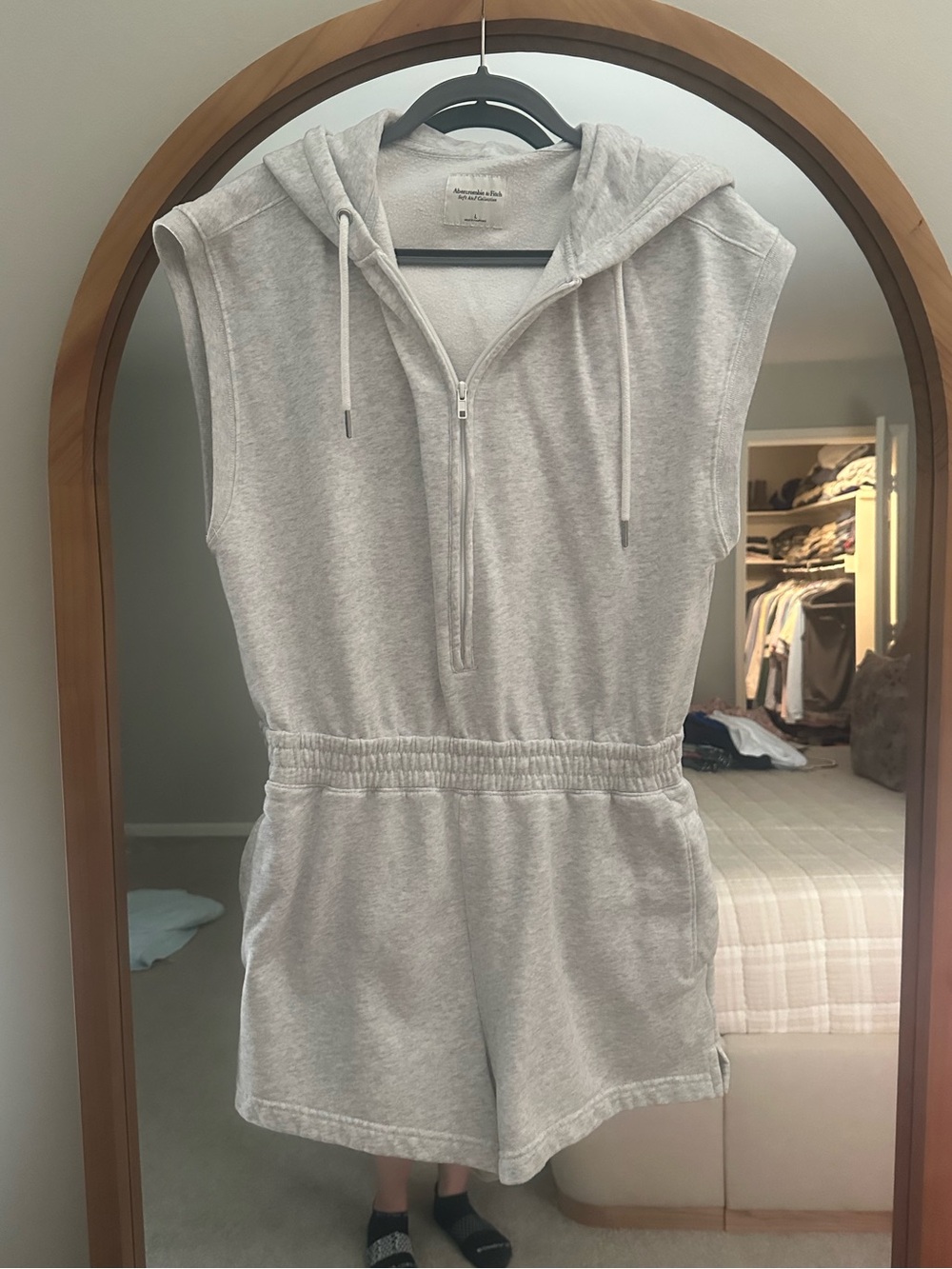 Abercrombie & Fitch Sleeveless Hooded Fleece Romper in Light Grey